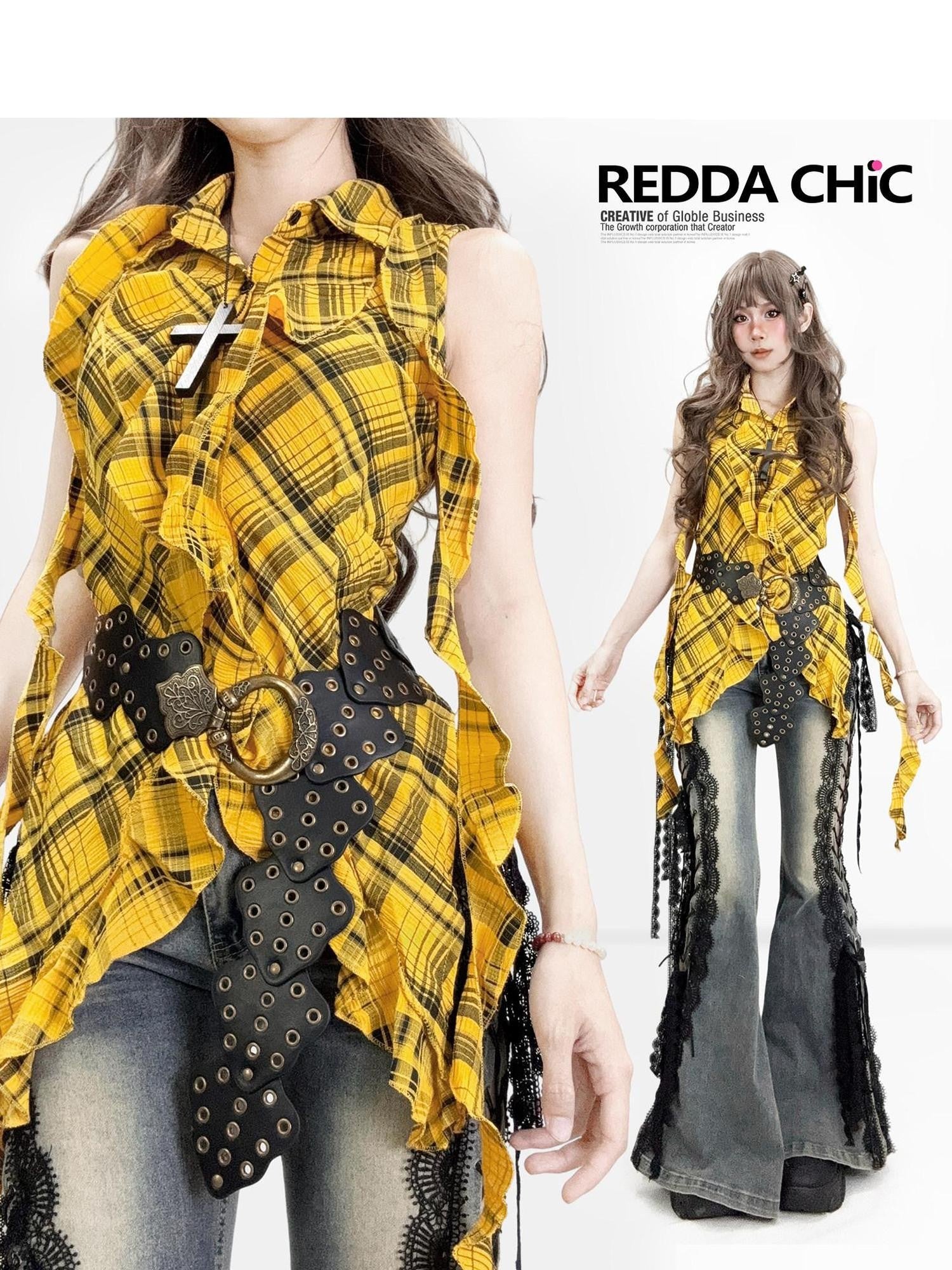 REDDACHIC Vintage Plaid Asymmetrical Ruffle Lapel Women'S Cotton Sleeveless Blouses