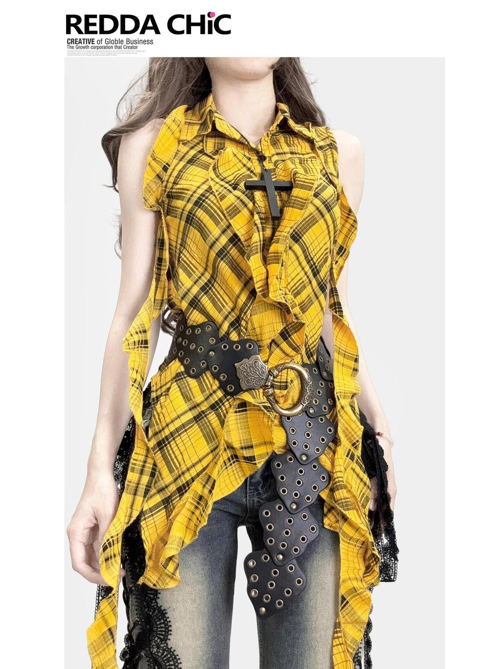 REDDACHIC Vintage Plaid Asymmetrical Ruffle Lapel Women'S Cotton Sleeveless Blouses
