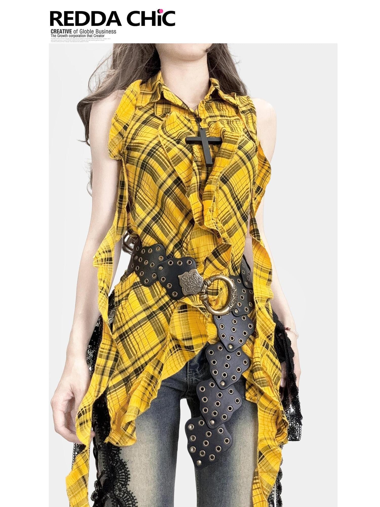 REDDACHIC Vintage Plaid Asymmetrical Ruffle Lapel Women'S Cotton Sleeveless Blouses