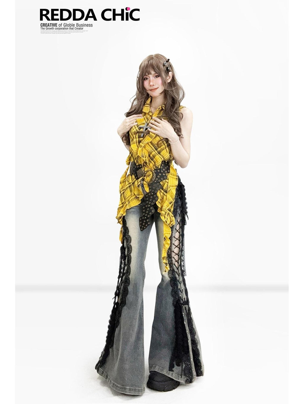 REDDACHIC Vintage Plaid Asymmetrical Ruffle Lapel Women'S Cotton Sleeveless Blouses