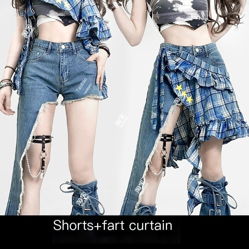 REDDACHIC_Vintage_Plaid_Asymmetrical_Ruffle_Rear_Flap_Women'S_Light_Wash_Denim_Shorts_MISSTT