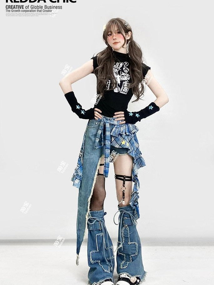 REDDACHIC Vintage Plaid Asymmetrical Ruffle Rear Flap Women'S Light Wash Denim Shorts