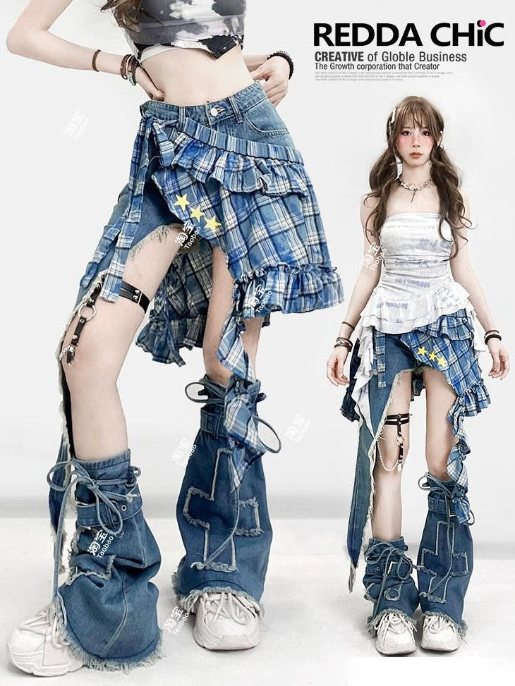 REDDACHIC Vintage Plaid Asymmetrical Ruffle Rear Flap Women'S Light Wash Denim Shorts