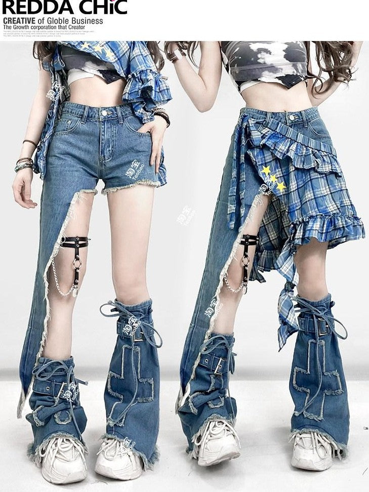 REDDACHIC Vintage Plaid Asymmetrical Ruffle Rear Flap Women'S Light Wash Denim Shorts