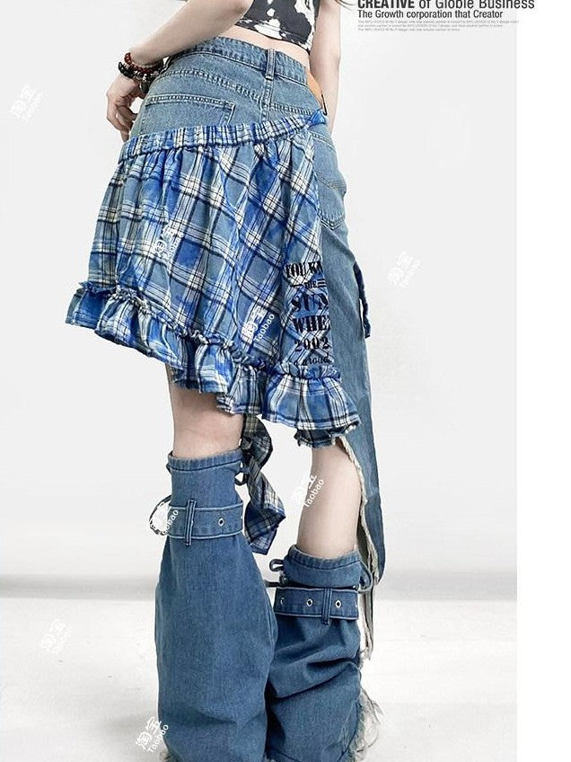 REDDACHIC Vintage Plaid Asymmetrical Ruffle Rear Flap Women'S Light Wash Denim Shorts