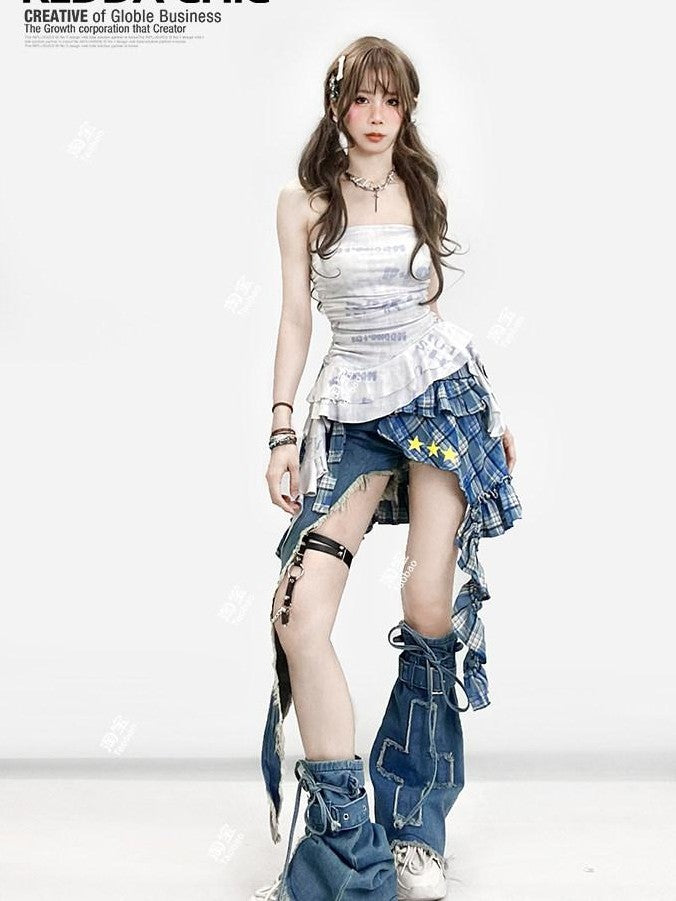 REDDACHIC Vintage Plaid Asymmetrical Ruffle Rear Flap Women'S Light Wash Denim Shorts