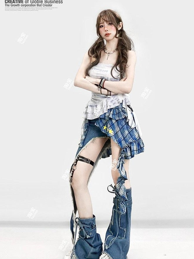 REDDACHIC Vintage Plaid Asymmetrical Ruffle Rear Flap Women'S Light Wash Denim Shorts
