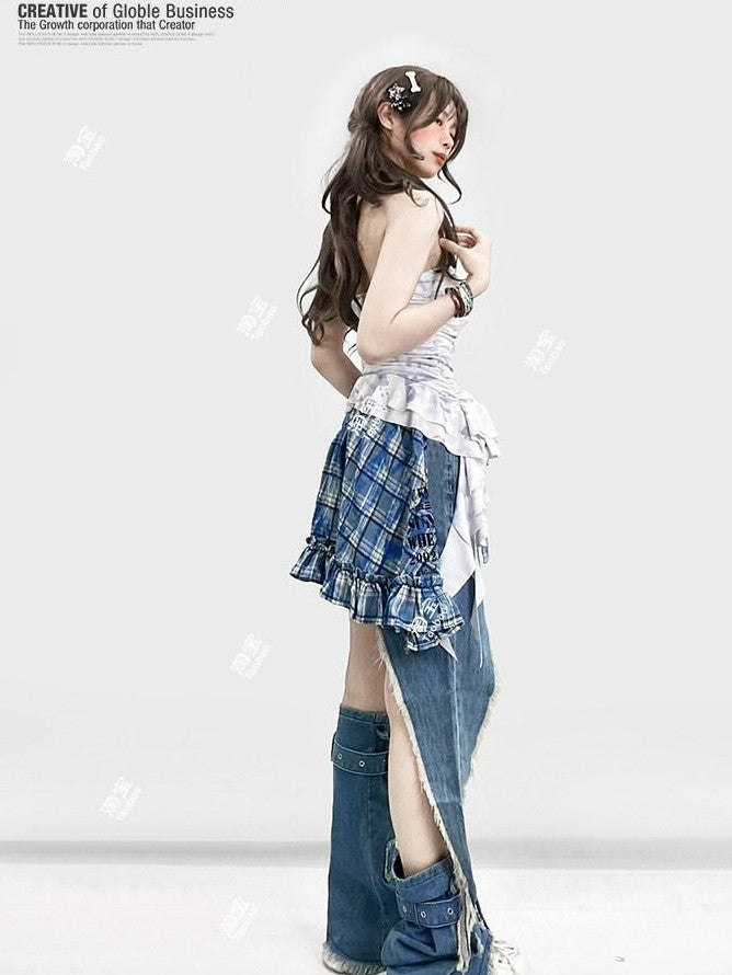 REDDACHIC Vintage Plaid Asymmetrical Ruffle Rear Flap Women'S Light Wash Denim Shorts