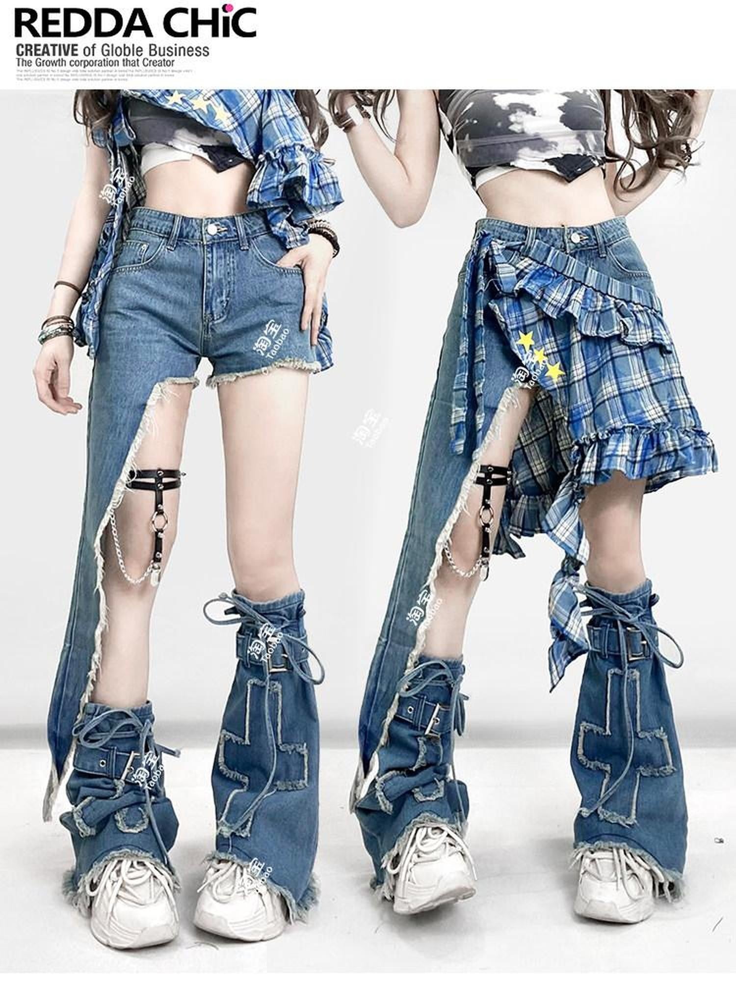 REDDACHIC Vintage Plaid Asymmetrical Ruffle Rear Flap Women'S Light Wash Denim Shorts