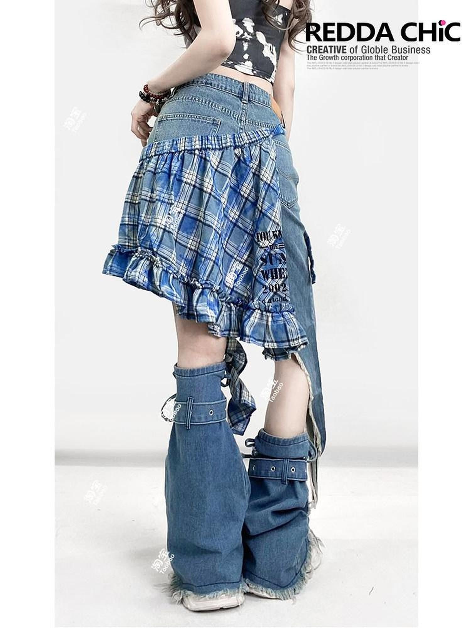 REDDACHIC Vintage Plaid Asymmetrical Ruffle Rear Flap Women'S Light Wash Denim Shorts