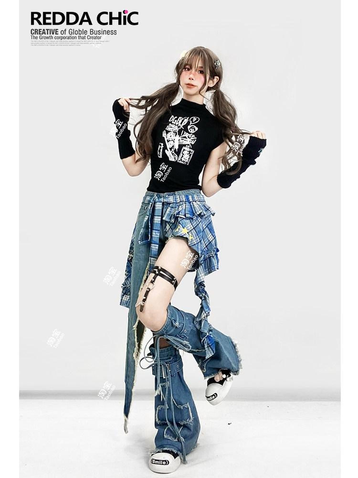 REDDACHIC Vintage Plaid Asymmetrical Ruffle Rear Flap Women'S Light Wash Denim Shorts