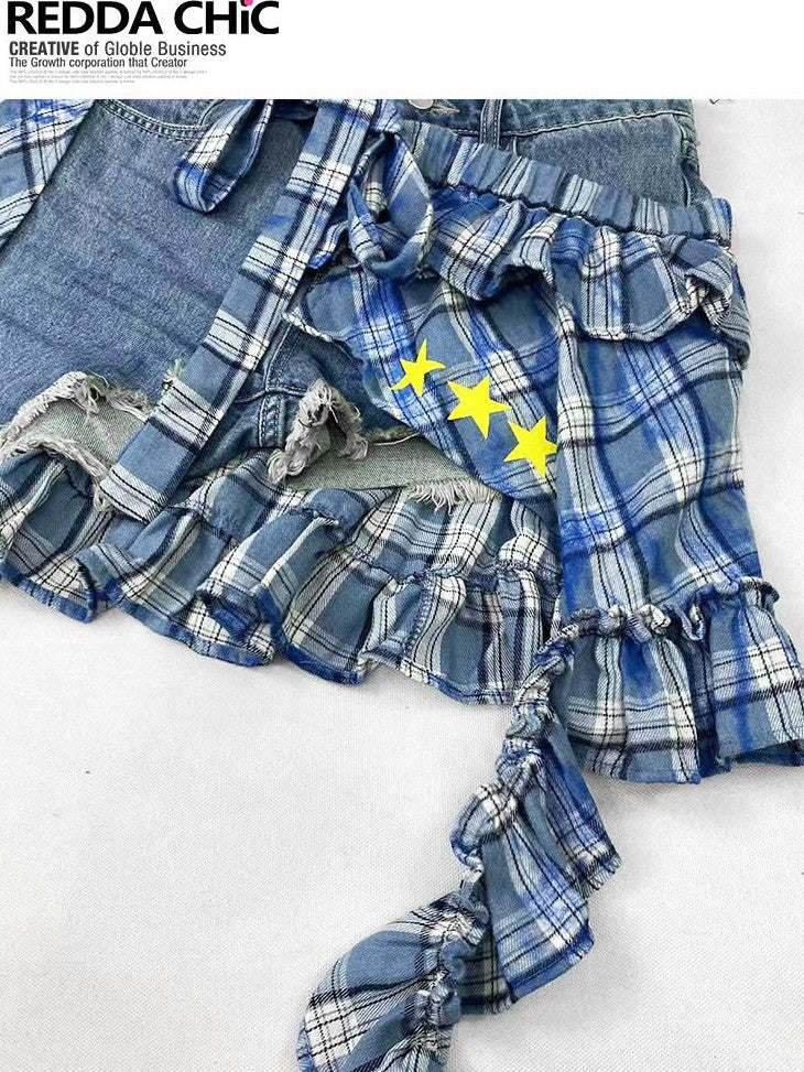 REDDACHIC Vintage Plaid Asymmetrical Ruffle Rear Flap Women'S Light Wash Denim Shorts