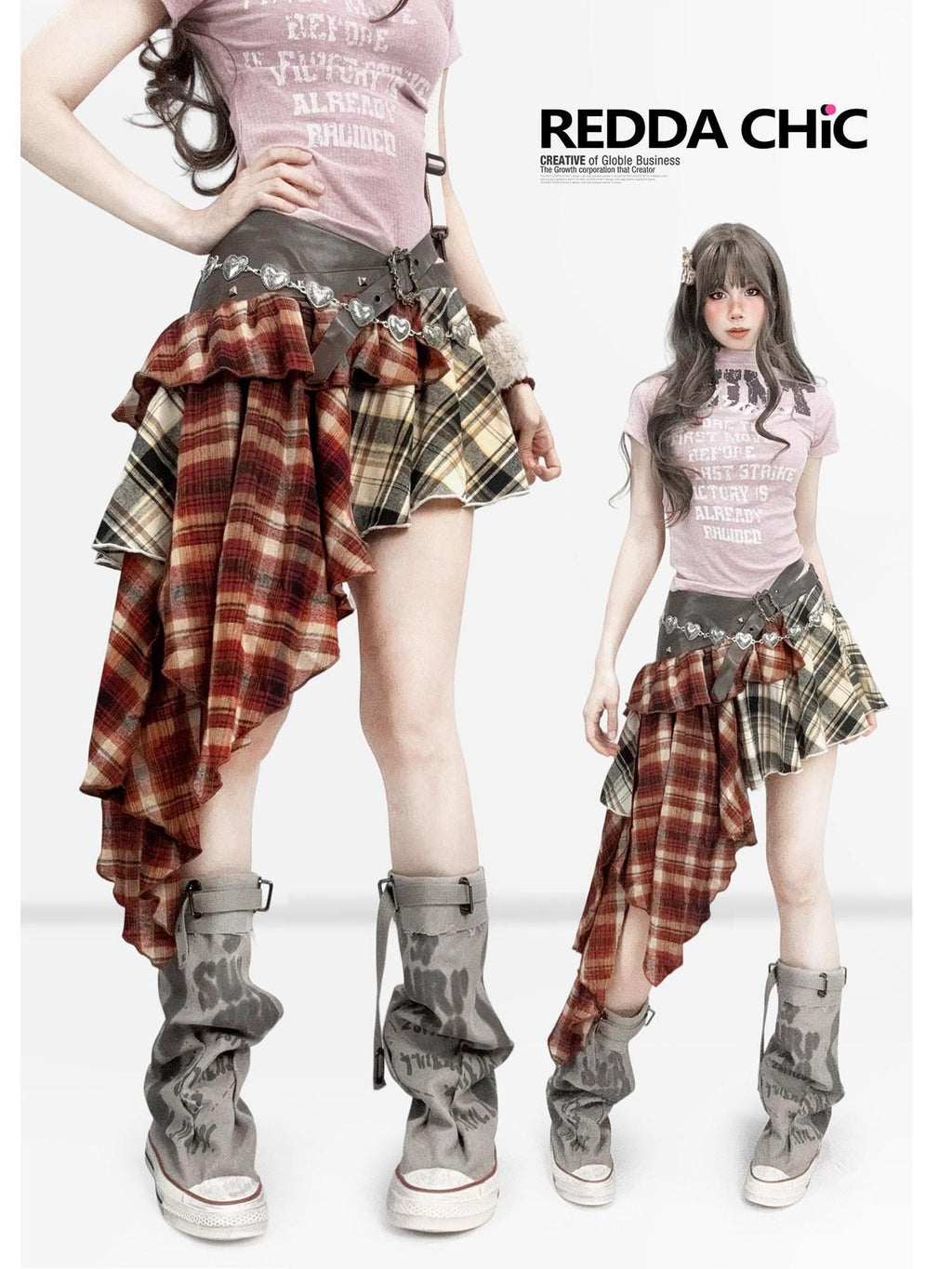 REDDACHIC Vintage Plaid Patchwork Asymmetric Ruffle Pleated A Line Women'S Midi Skirts