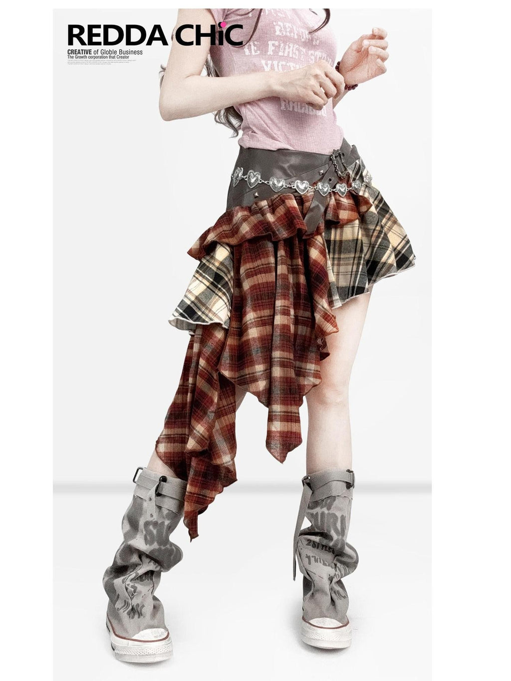 REDDACHIC Vintage Plaid Patchwork Asymmetric Ruffle Pleated A Line Women'S Midi Skirts
