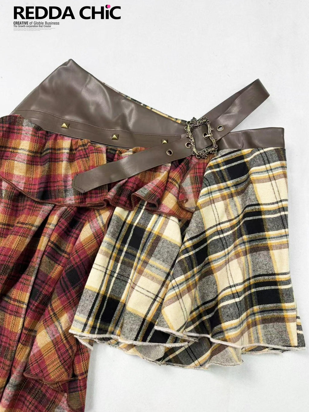 REDDACHIC Vintage Plaid Patchwork Asymmetric Ruffle Pleated A Line Women'S Midi Skirts