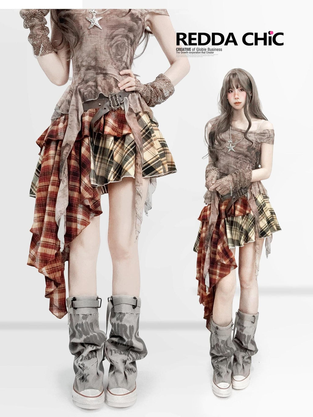 REDDACHIC Vintage Plaid Patchwork Asymmetric Ruffled Women'S Pu Leather Midi Skirts