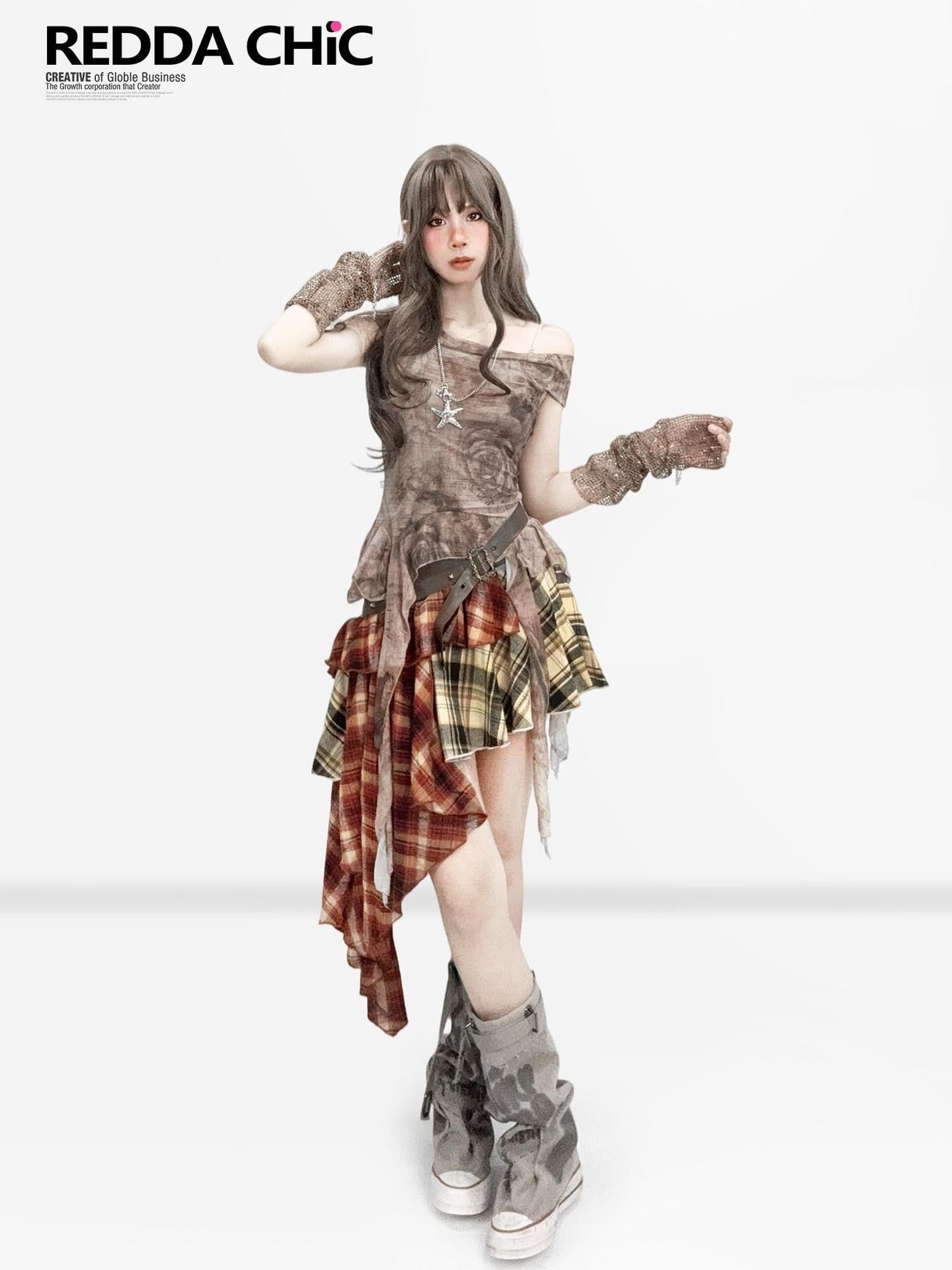 REDDACHIC Vintage Plaid Patchwork Asymmetric Ruffled Women'S Pu Leather Midi Skirts