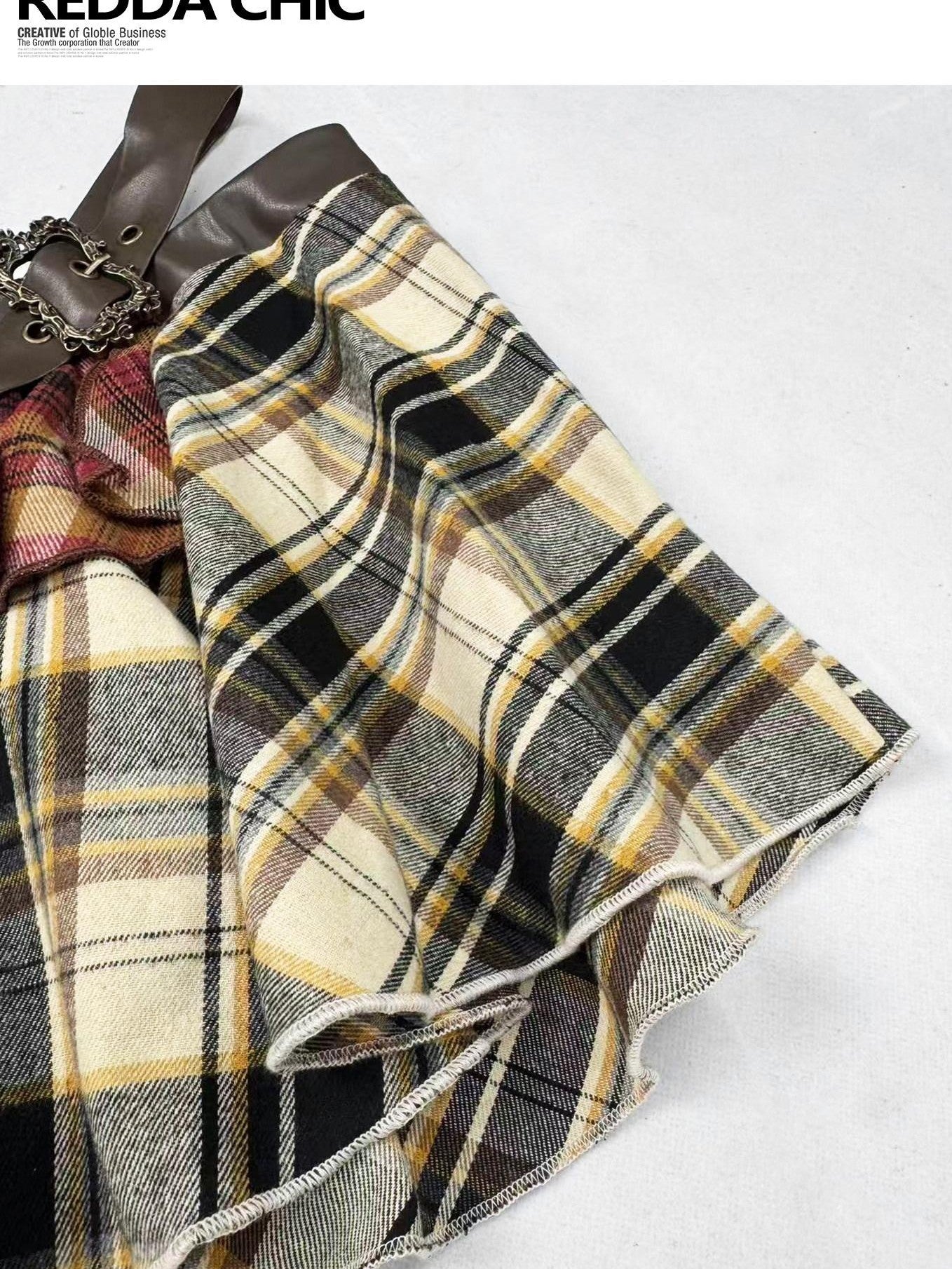 REDDACHIC Vintage Plaid Patchwork Asymmetric Ruffled Women'S Pu Leather Midi Skirts