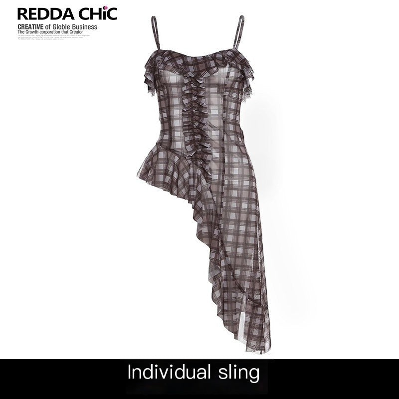 REDDACHIC_Vintage_Plaid_Patchwork_Ruffle_Asymmetric_Women'S_Mesh_Slip_Mini_Dresses_MISSTT