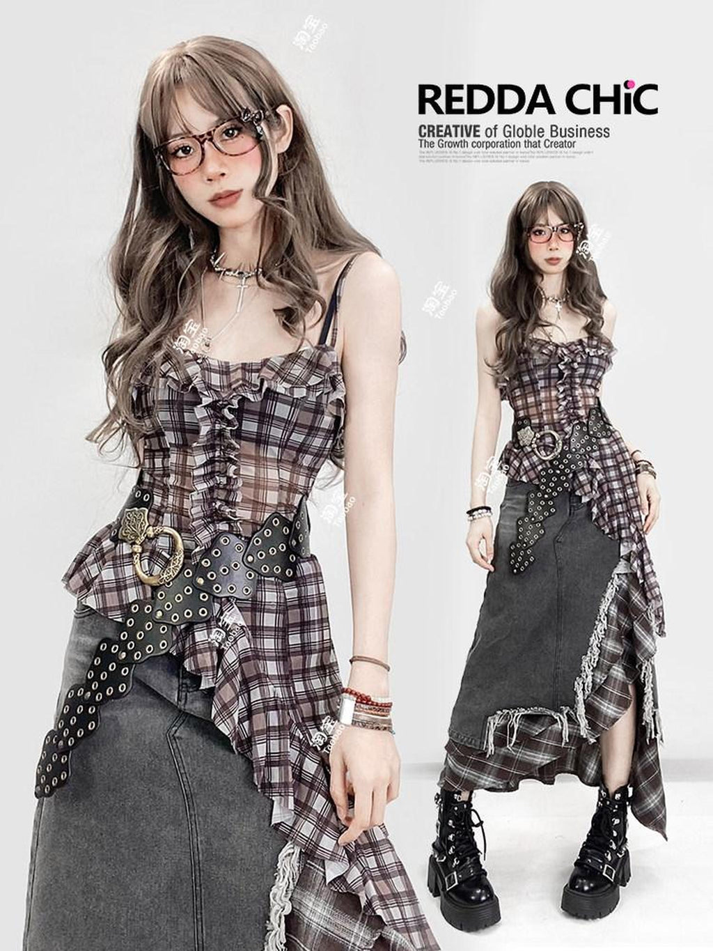 REDDACHIC Vintage Plaid Patchwork Ruffle Asymmetric Women'S Mesh Slip Mini Dresses