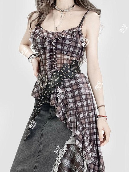 REDDACHIC Vintage Plaid Patchwork Ruffle Asymmetric Women'S Mesh Slip Mini Dresses