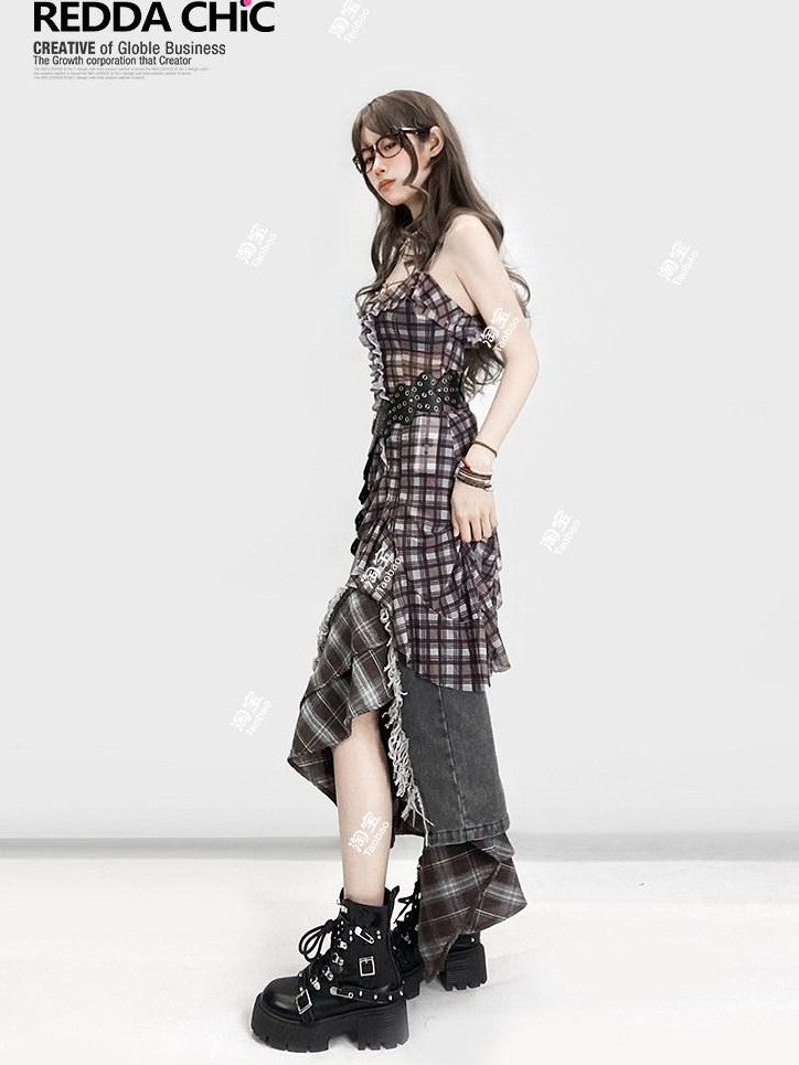 REDDACHIC Vintage Plaid Patchwork Ruffle Asymmetric Women'S Mesh Slip Mini Dresses