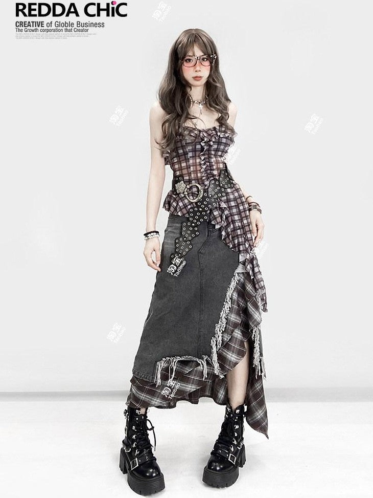 REDDACHIC Vintage Plaid Patchwork Ruffle Asymmetric Women'S Mesh Slip Mini Dresses