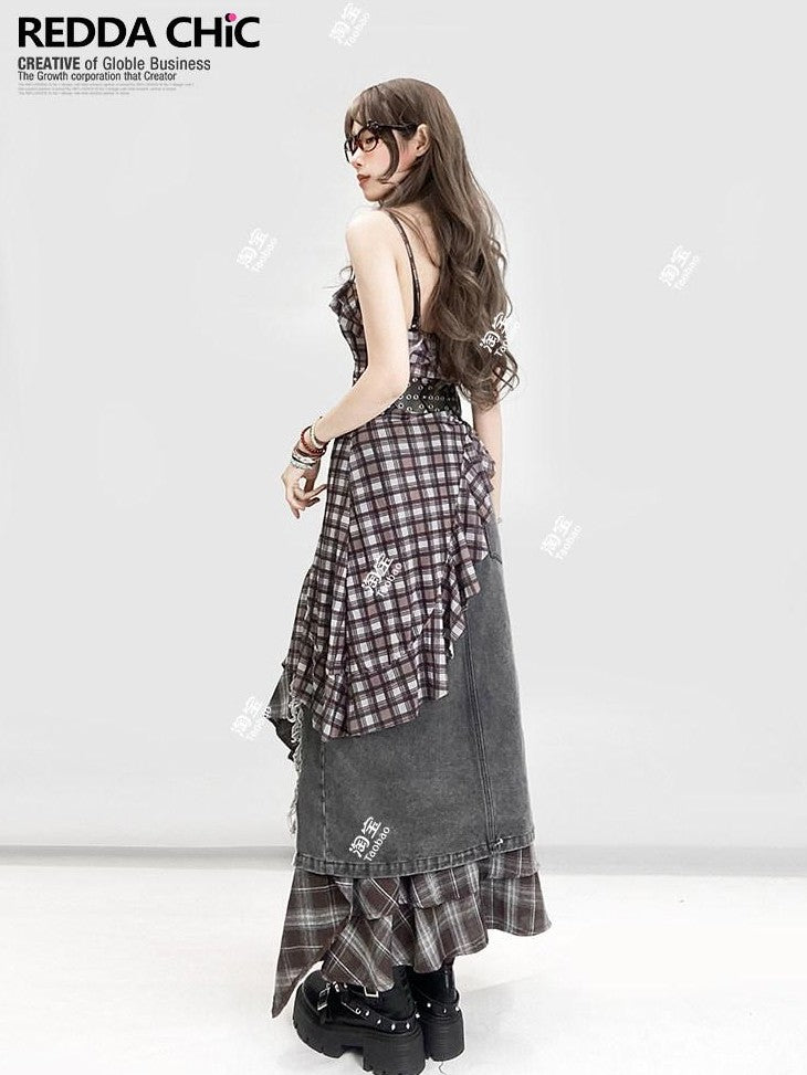 REDDACHIC Vintage Plaid Patchwork Ruffle Asymmetric Women'S Mesh Slip Mini Dresses