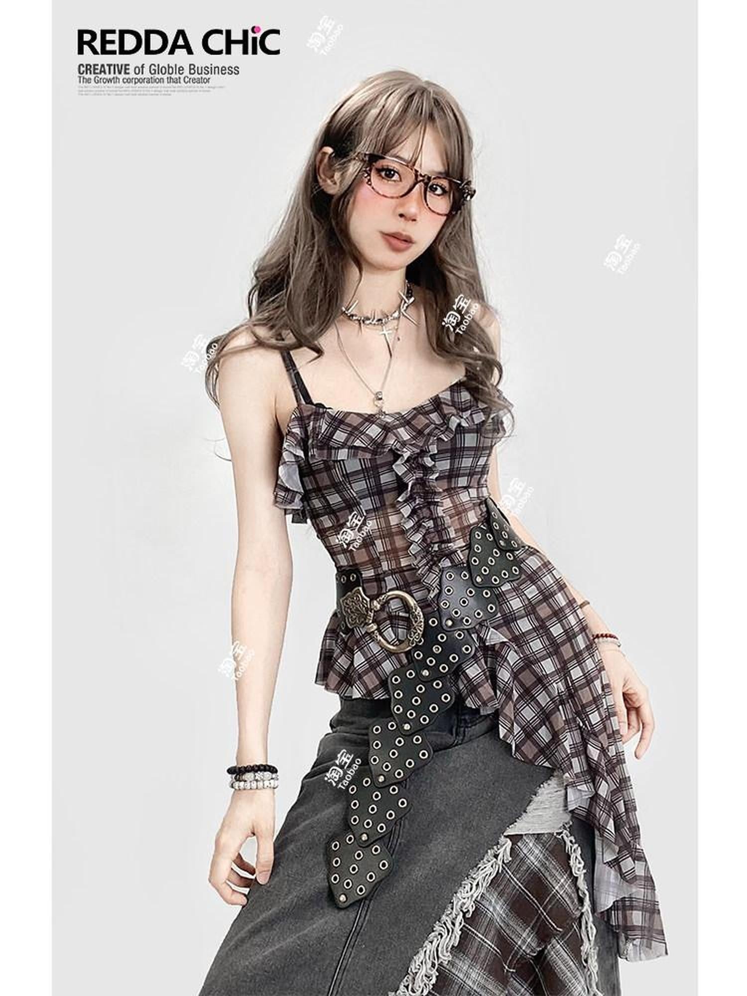 REDDACHIC Vintage Plaid Patchwork Ruffle Asymmetric Women'S Mesh Slip Mini Dresses