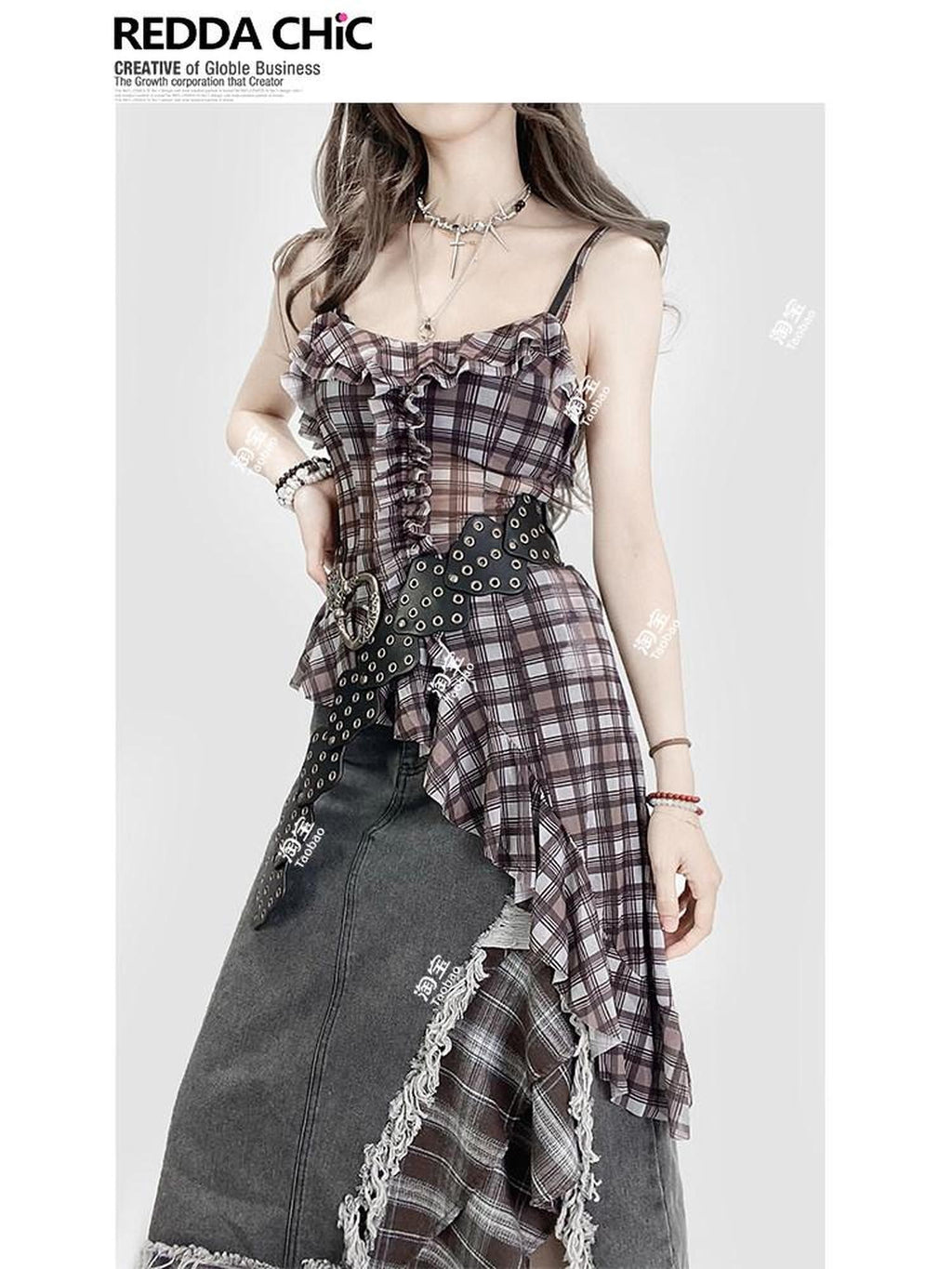 REDDACHIC Vintage Plaid Patchwork Ruffle Asymmetric Women'S Mesh Slip Mini Dresses
