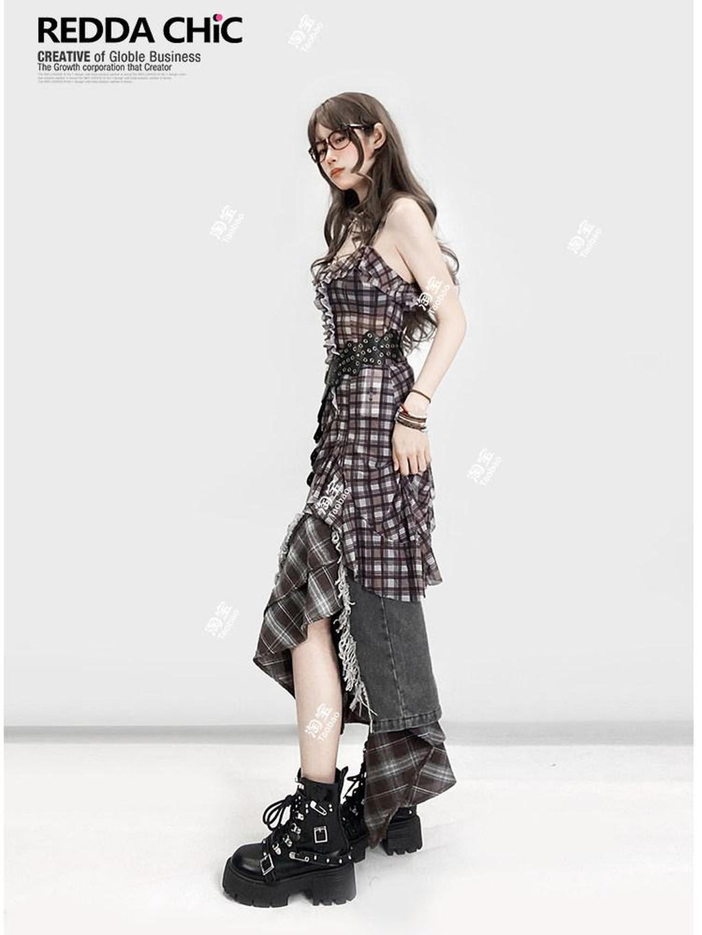 REDDACHIC Vintage Plaid Patchwork Ruffle Asymmetric Women'S Mesh Slip Mini Dresses