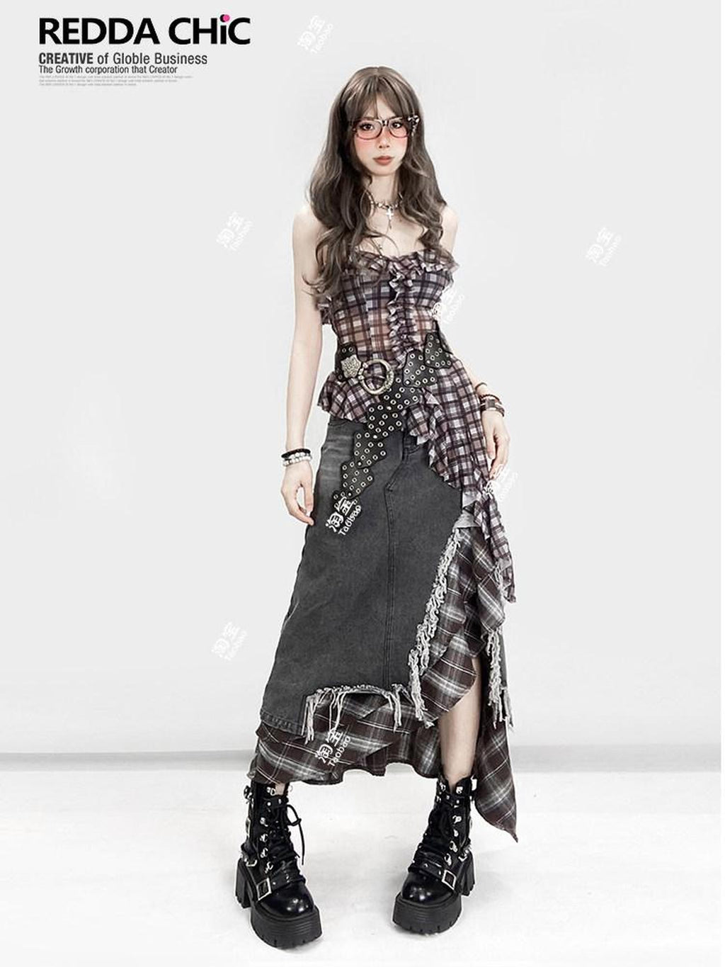 REDDACHIC Vintage Plaid Patchwork Ruffle Asymmetric Women'S Mesh Slip Mini Dresses