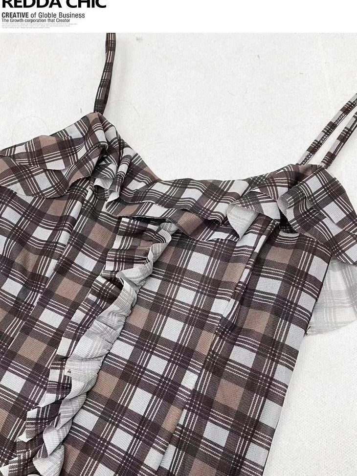 REDDACHIC Vintage Plaid Patchwork Ruffle Asymmetric Women'S Mesh Slip Mini Dresses