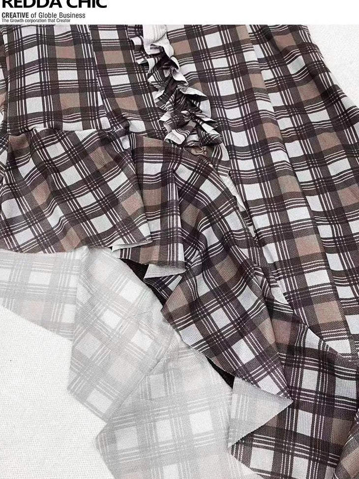 REDDACHIC Vintage Plaid Patchwork Ruffle Asymmetric Women'S Mesh Slip Mini Dresses