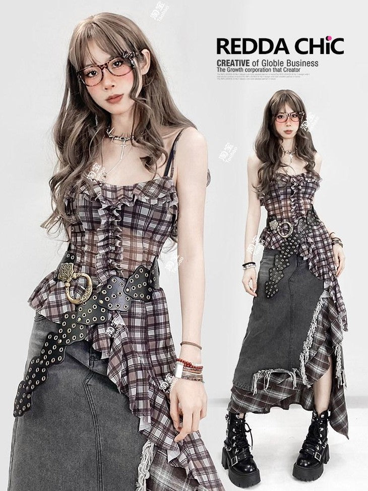 REDDACHIC Vintage Plaid Patchwork Ruffle Asymmetric Women'S Mesh Slip Mini Dresses