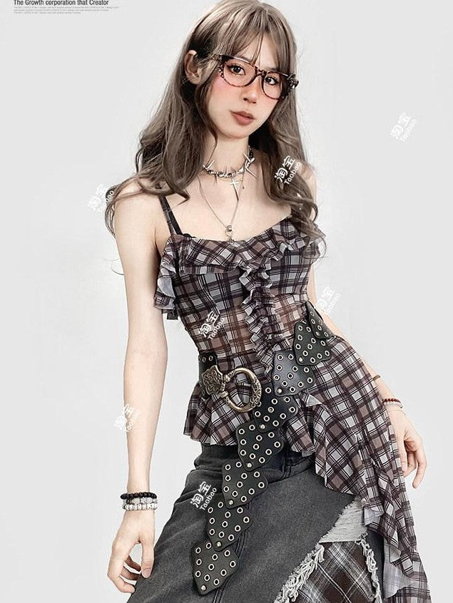 REDDACHIC Vintage Plaid Patchwork Ruffle Asymmetric Women'S Mesh Slip Mini Dresses