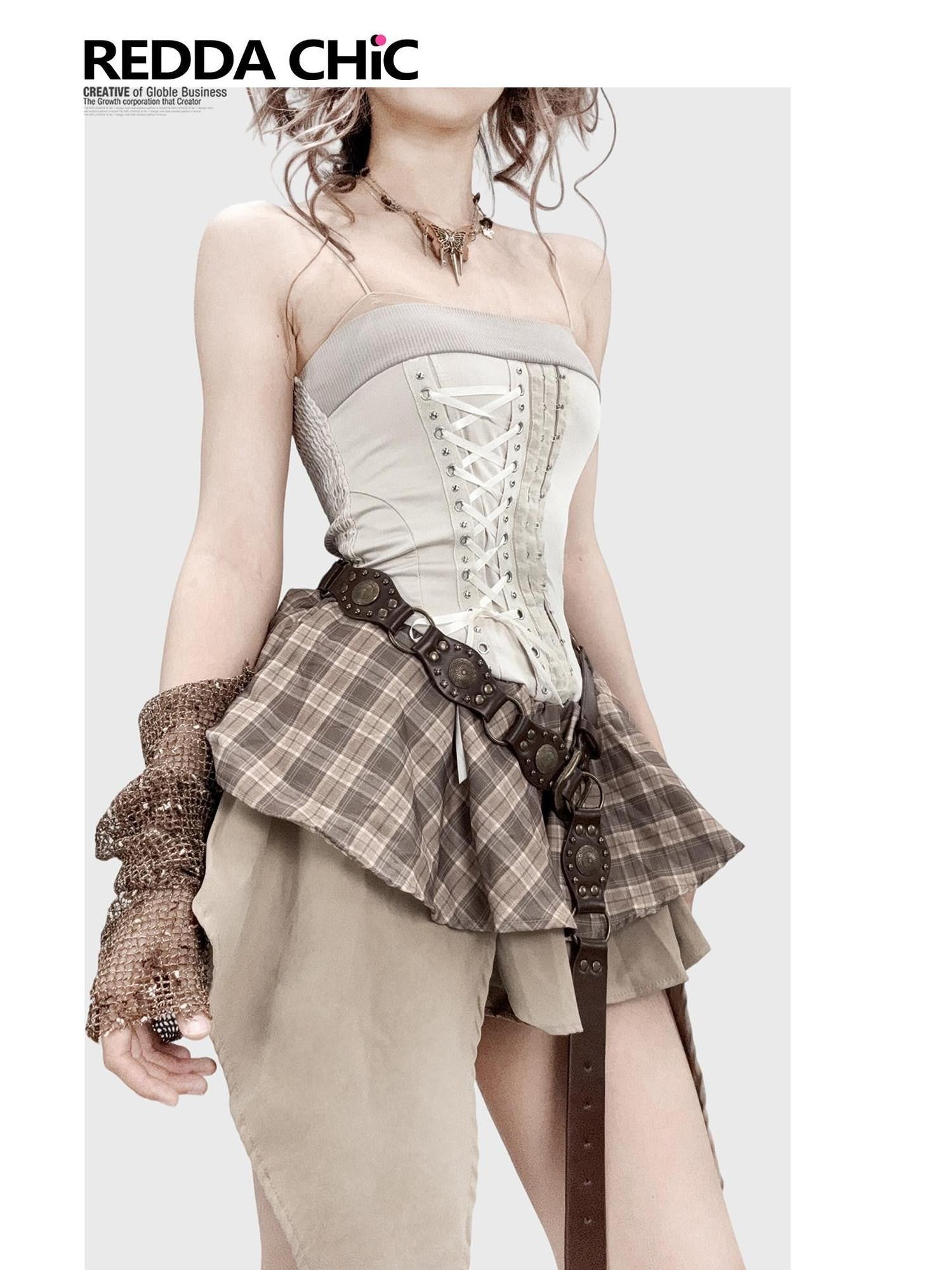 REDDACHIC Vintage Plaid Patchwork Tiered Strapless Women'S Slip Midi Dresses