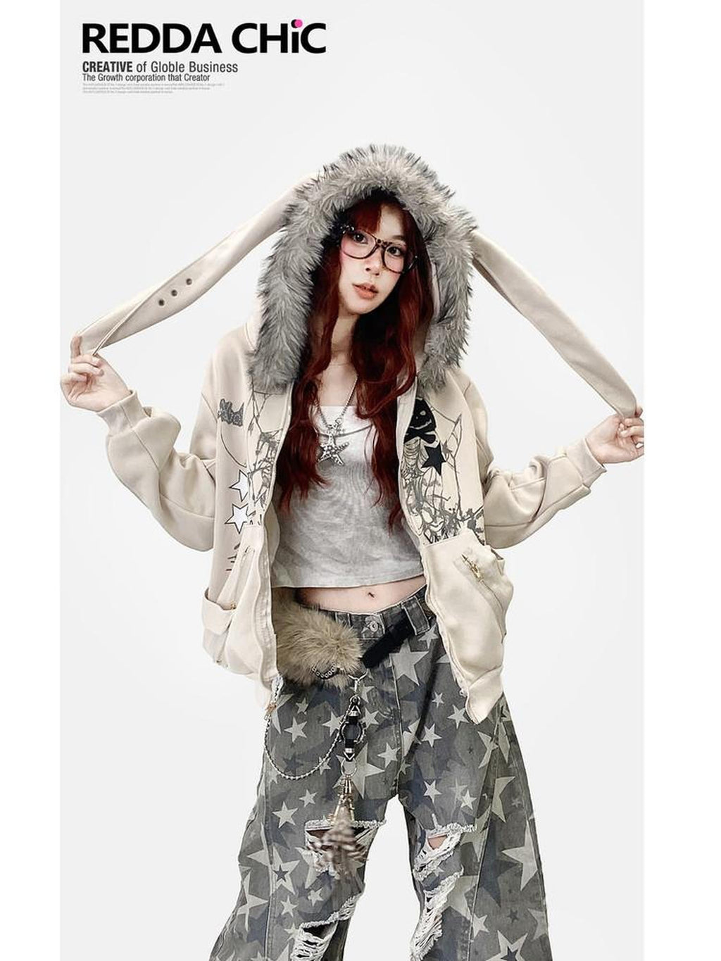 REDDACHIC Vintage Print Detachable Rabbit Ear Fur Collar Zip Hooded Women'S Fleece Hoodies