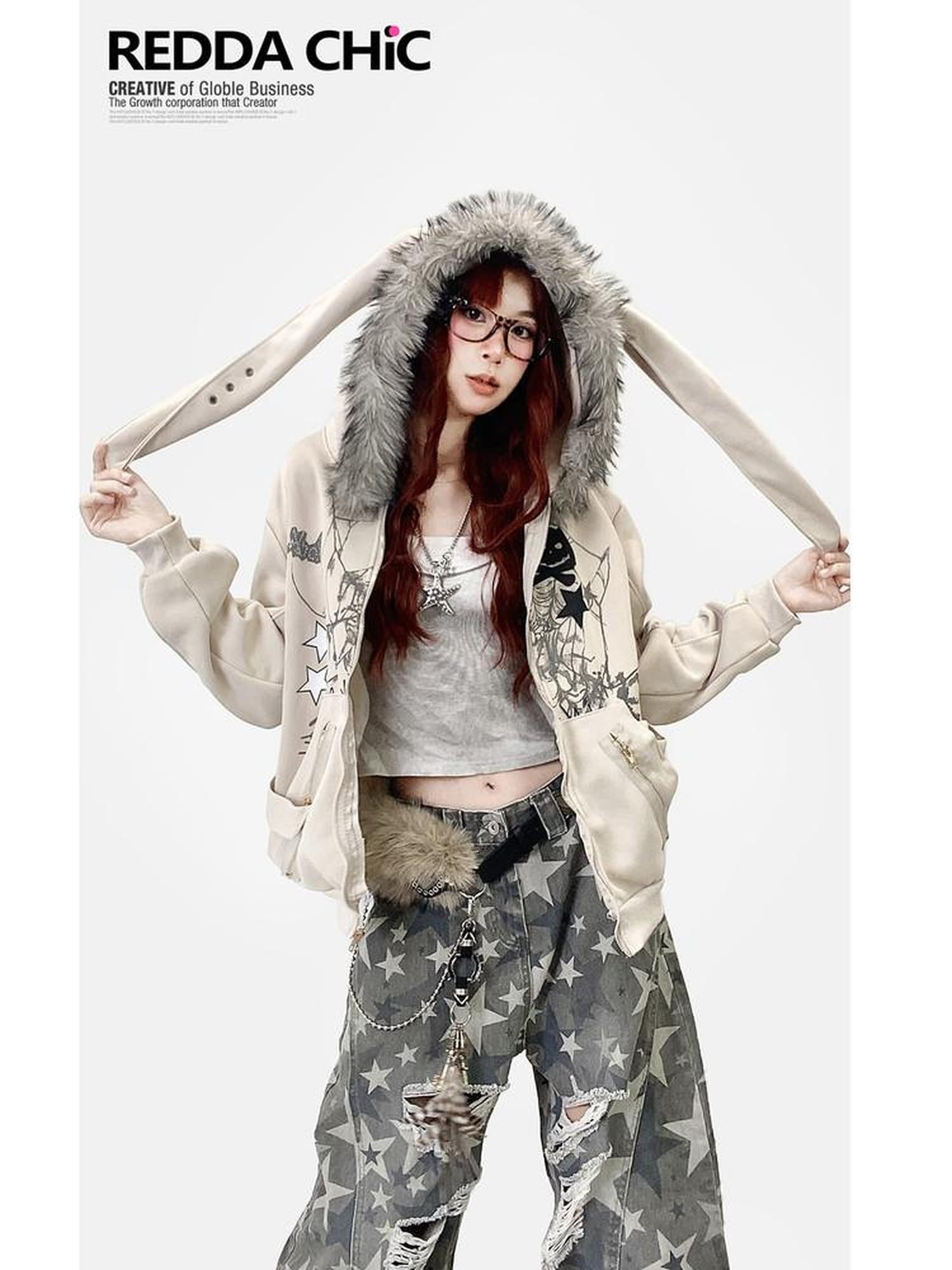 REDDACHIC Vintage Print Detachable Rabbit Ear Fur Collar Zip Hooded Women'S Fleece Hoodies