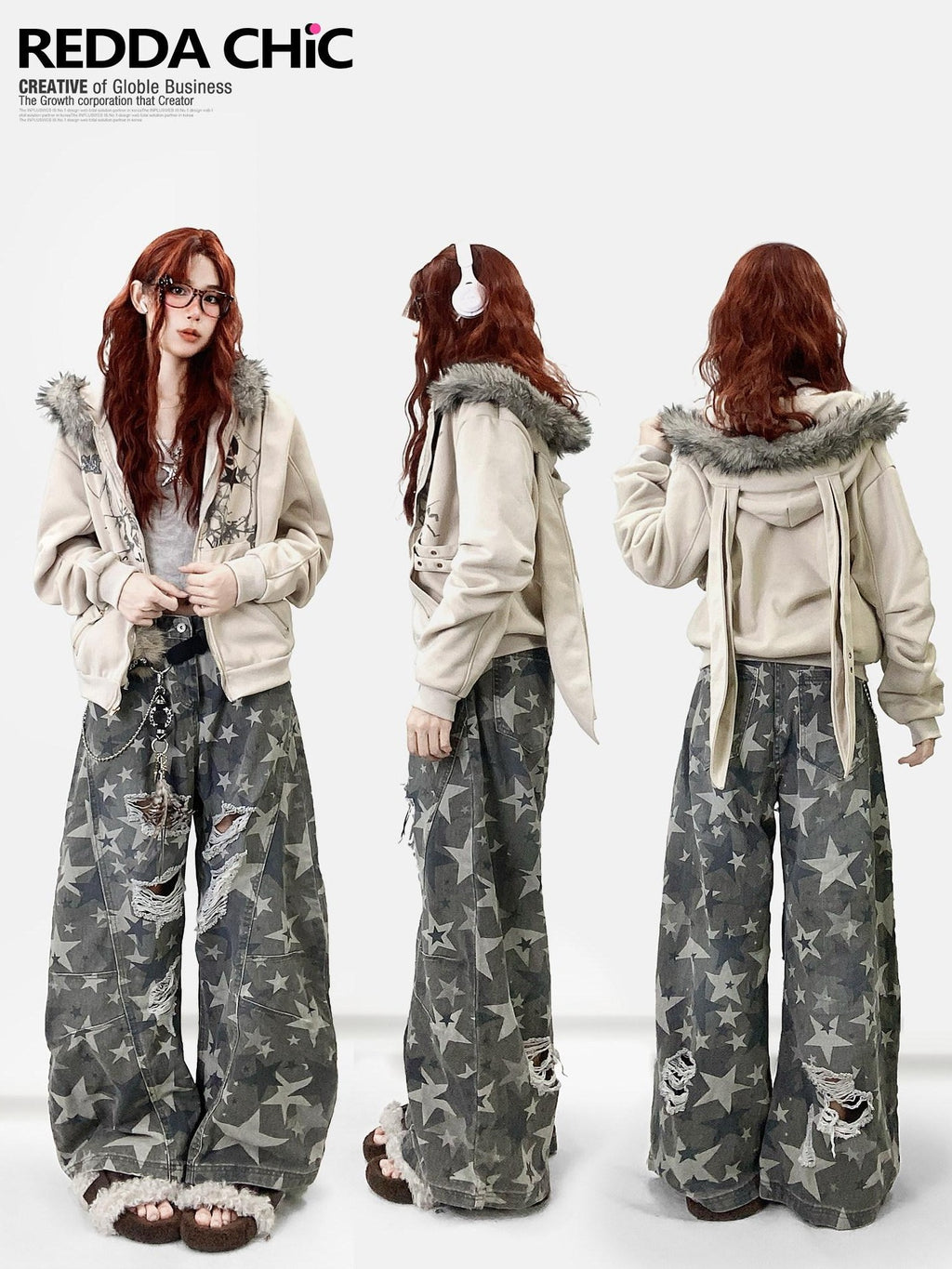 REDDACHIC Vintage Print Detachable Rabbit Ear Fur Collar Zip Hooded Women'S Fleece Hoodies