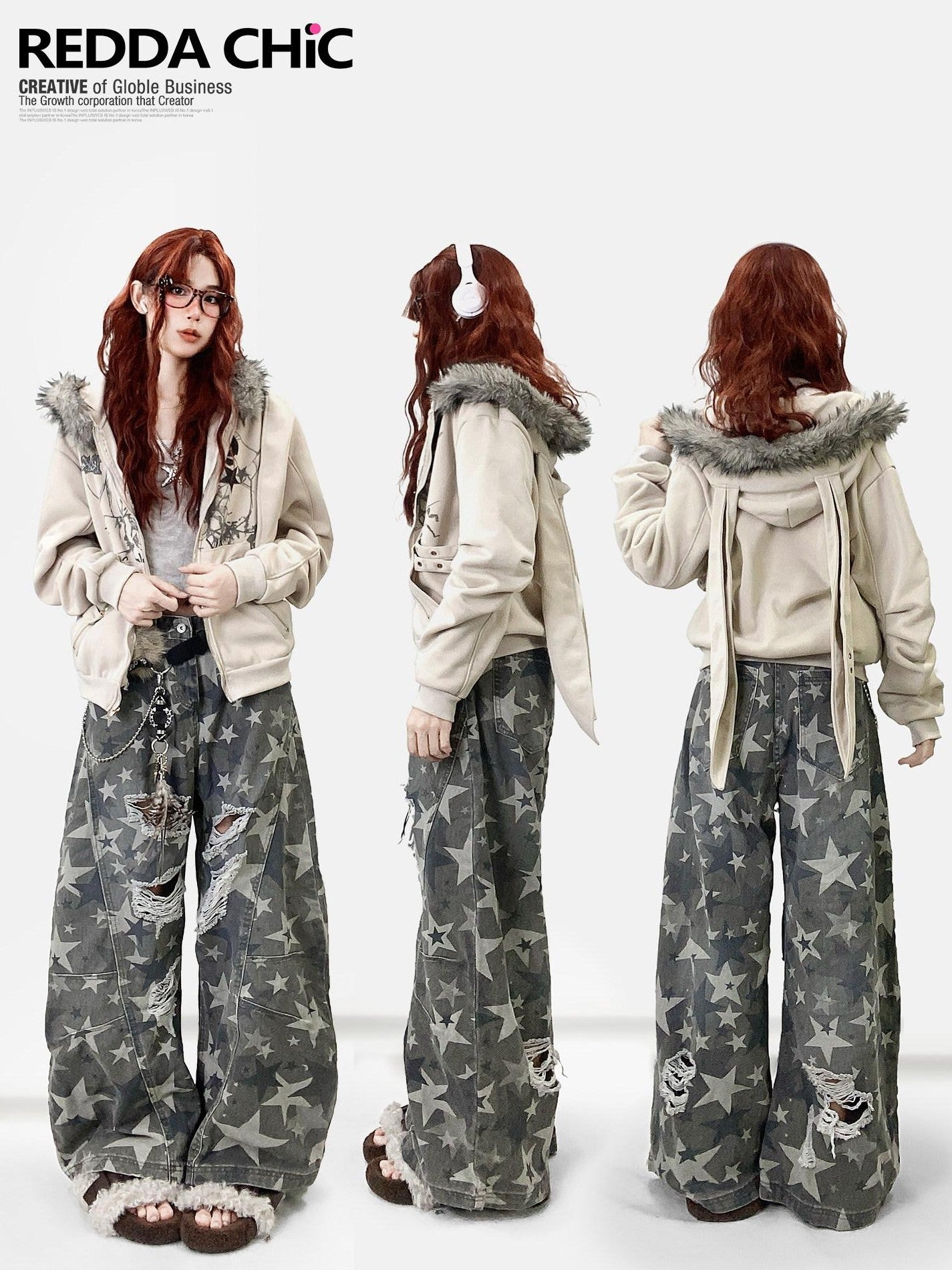 REDDACHIC Vintage Print Detachable Rabbit Ear Fur Collar Zip Hooded Women'S Fleece Hoodies
