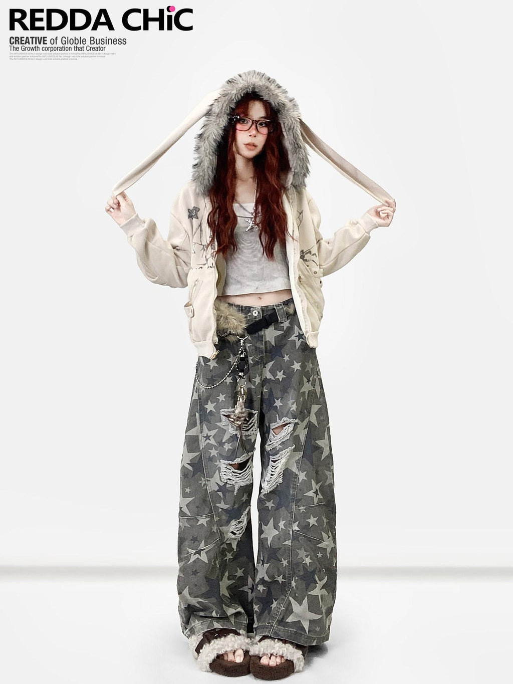 REDDACHIC Vintage Print Detachable Rabbit Ear Fur Collar Zip Hooded Women'S Fleece Hoodies