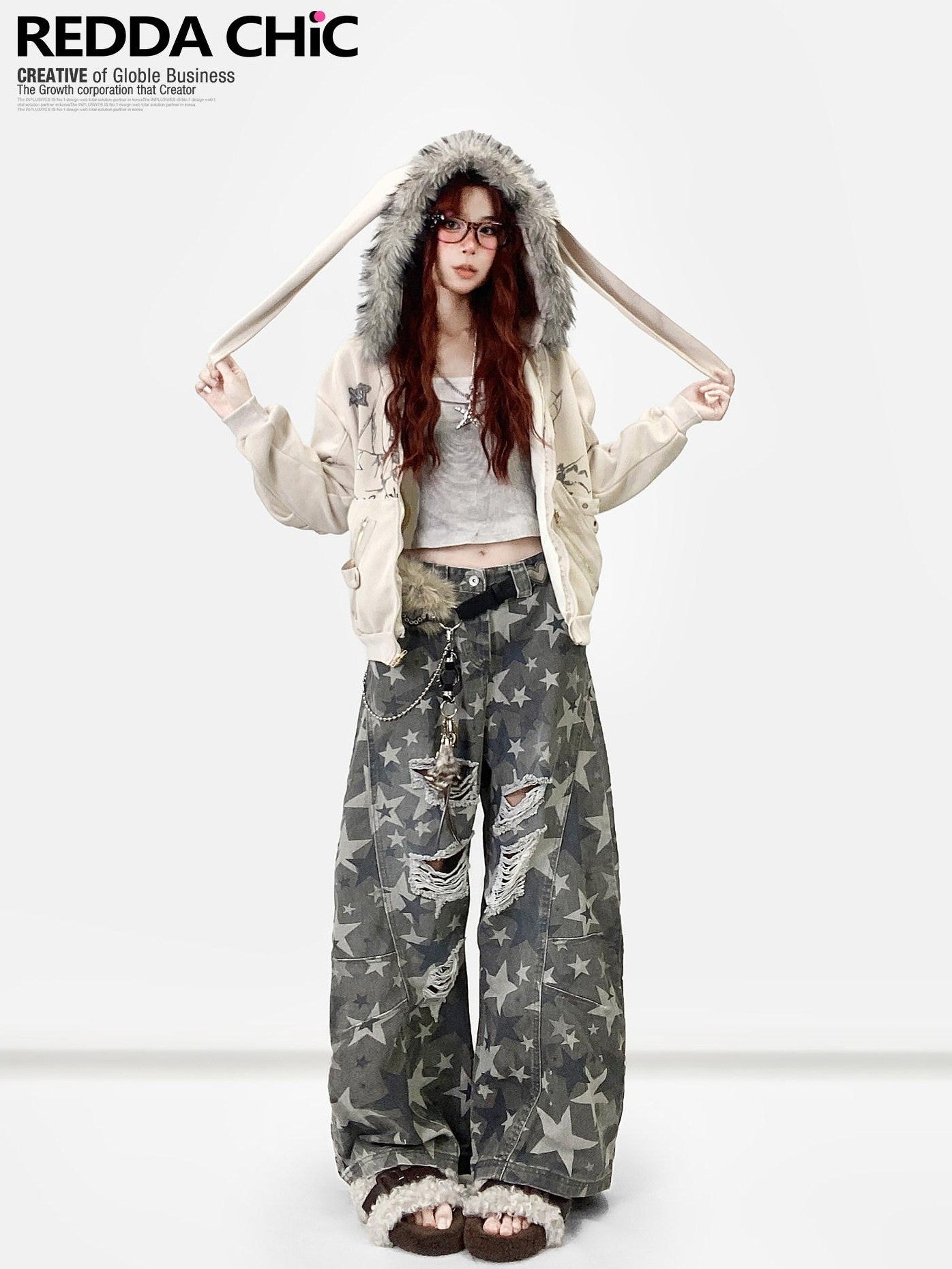 REDDACHIC Vintage Print Detachable Rabbit Ear Fur Collar Zip Hooded Women'S Fleece Hoodies