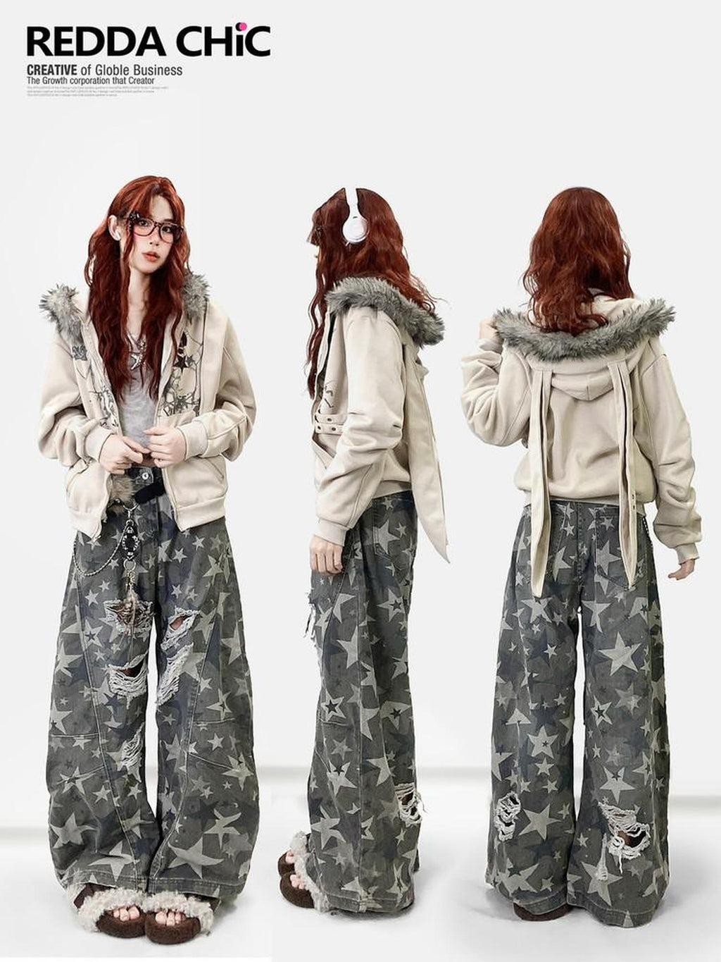REDDACHIC Vintage Print Detachable Rabbit Ear Fur Collar Zip Hooded Women'S Fleece Hoodies
