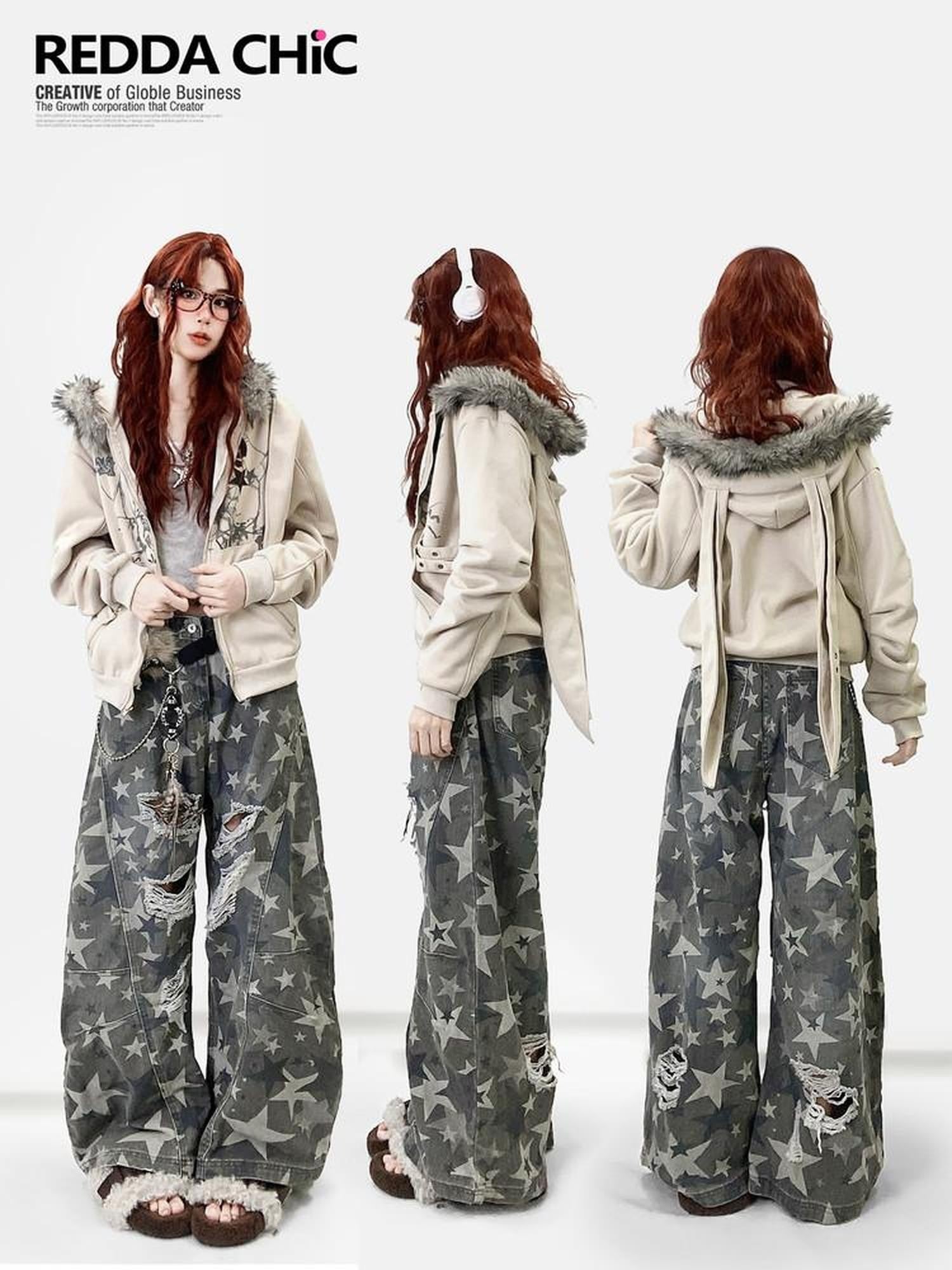 REDDACHIC Vintage Print Detachable Rabbit Ear Fur Collar Zip Hooded Women'S Fleece Hoodies
