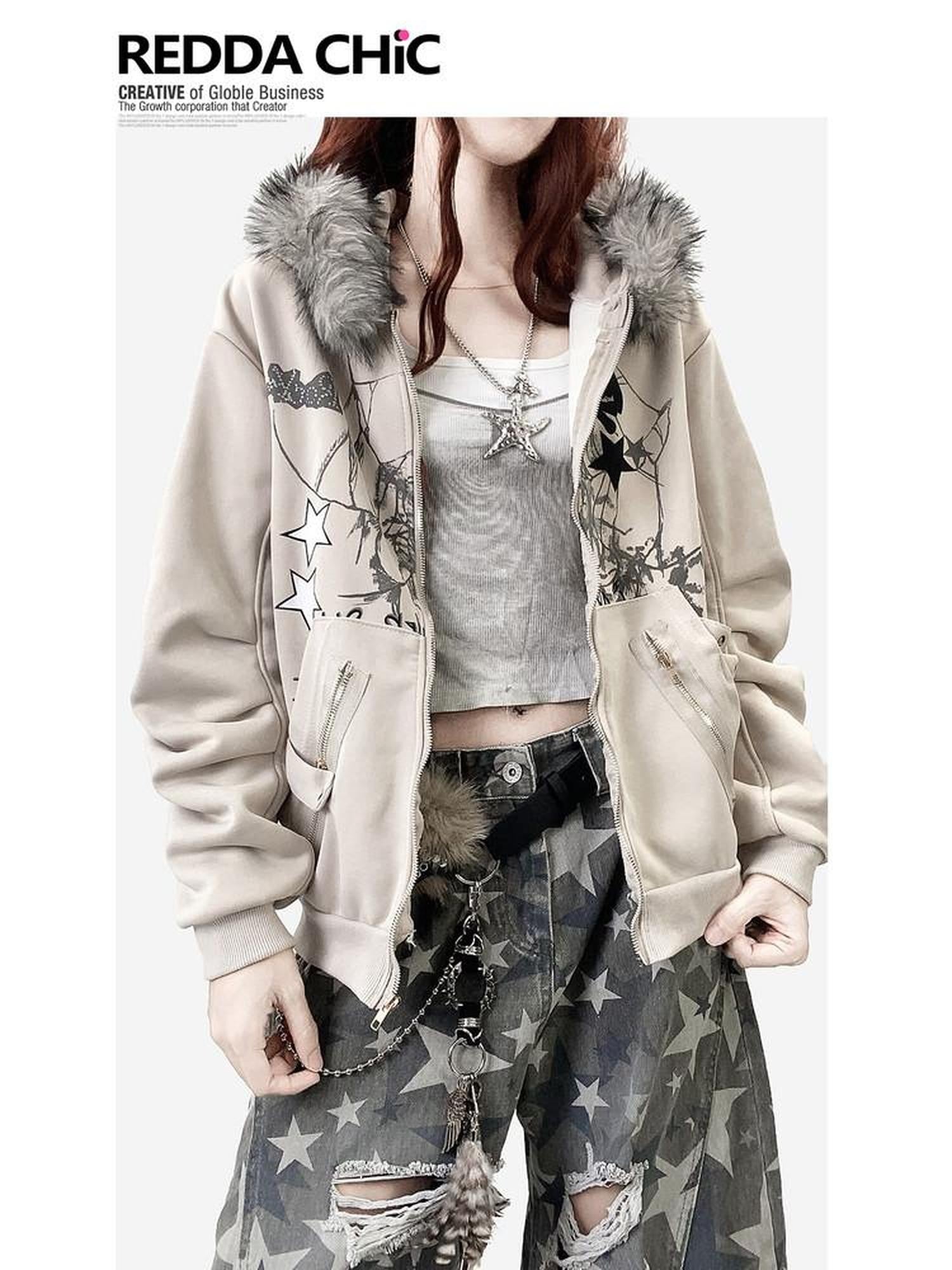 REDDACHIC Vintage Print Detachable Rabbit Ear Fur Collar Zip Hooded Women'S Fleece Hoodies