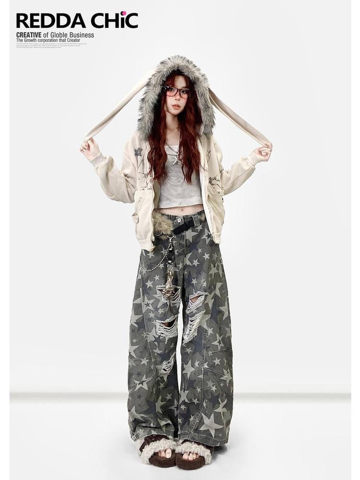 REDDACHIC Vintage Print Detachable Rabbit Ear Fur Collar Zip Hooded Women'S Fleece Hoodies