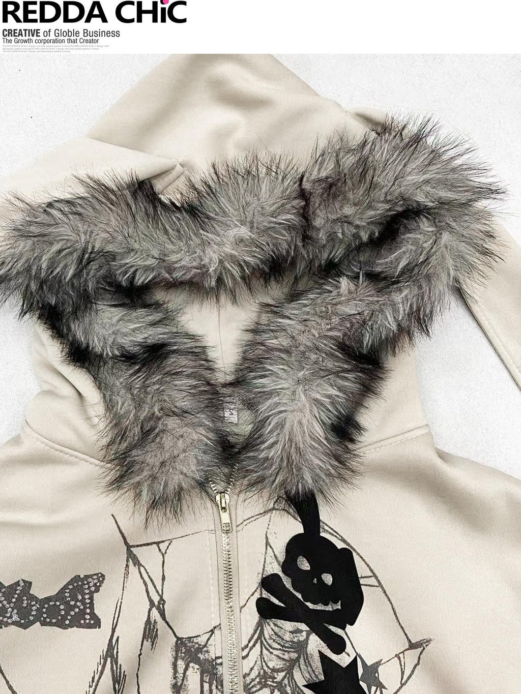 REDDACHIC Vintage Print Detachable Rabbit Ear Fur Collar Zip Hooded Women'S Fleece Hoodies