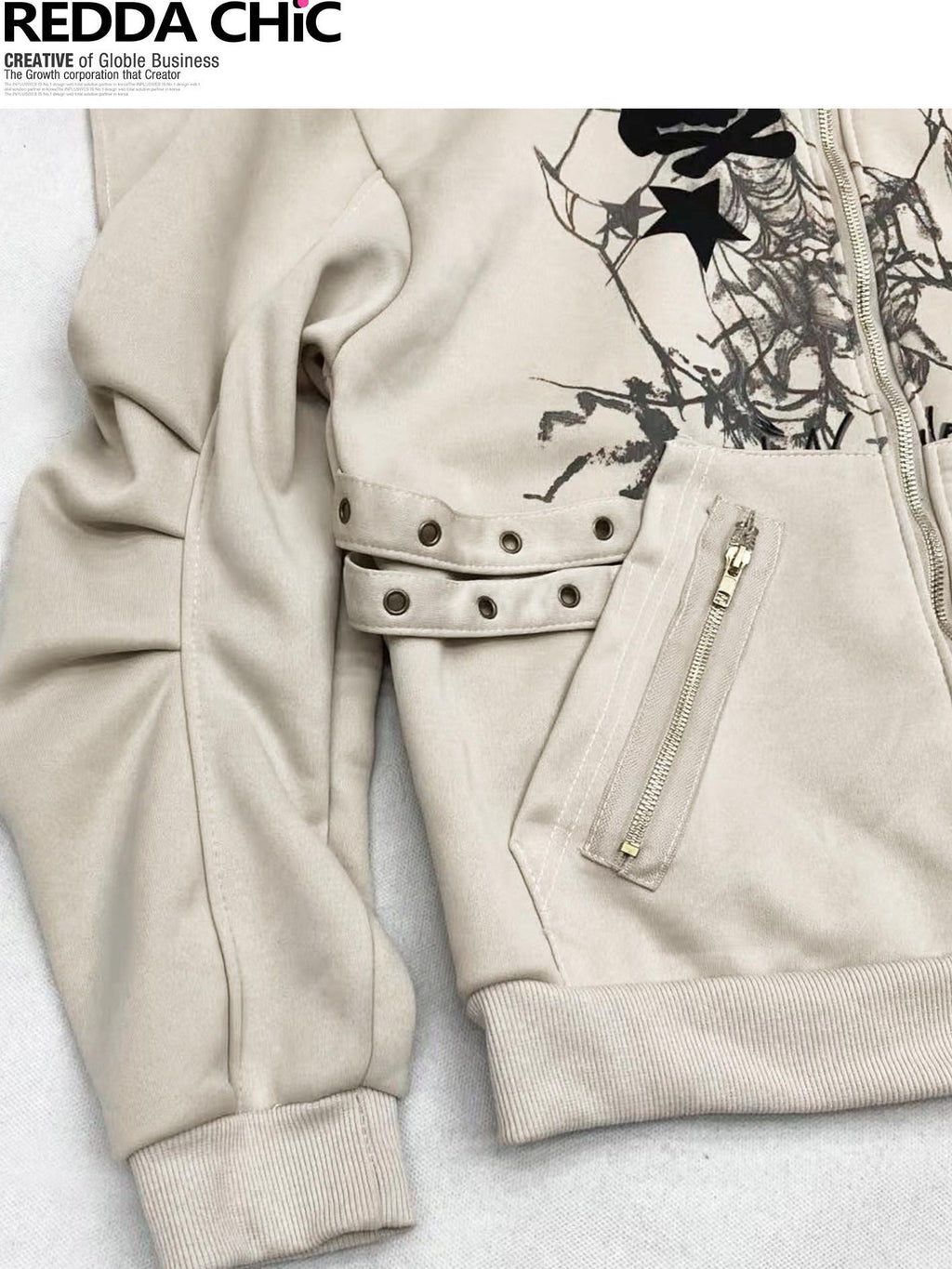 REDDACHIC Vintage Print Detachable Rabbit Ear Fur Collar Zip Hooded Women'S Fleece Hoodies