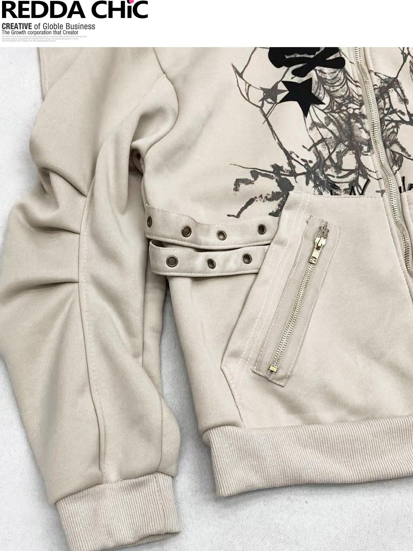 REDDACHIC Vintage Print Detachable Rabbit Ear Fur Collar Zip Hooded Women'S Fleece Hoodies